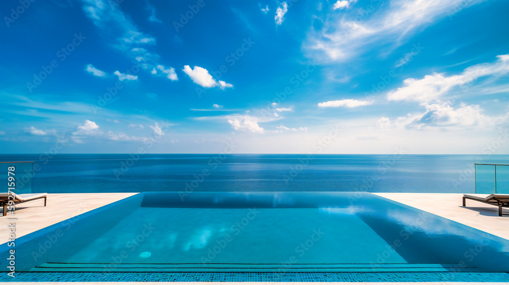 A striking image of a luxurious oceanfront infinity pool, blending effortlessly with the vibrant sea and sky beyond