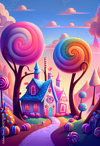 Enchanting candy village digital illustration, candy color, lollipop tree, AI Generative