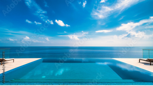 A striking image of a luxurious oceanfront infinity pool, blending effortlessly with the vibrant sea and sky beyond © Nilima