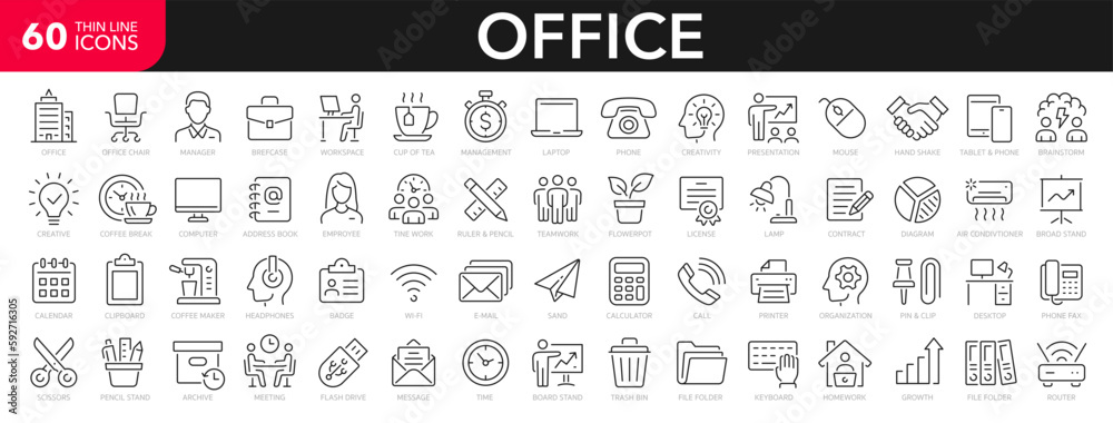 Office line icons set. Office and workspace line icons set. Сhair, coffee, time, manager, workspace, computer, desk - stock vector.