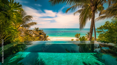 A mesmerizing image of a luxurious infinity pool  perfectly blending with the surrounding beach landscape and tropical greenery