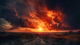 Abstract dark red background. Dramatic red sky. Red sunset with clouds. Fantastic sunset background with copy space for design. Halloween, armageddon, apocalypse, end of the world concept