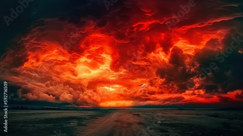 Abstract dark red background. Dramatic red sky. Red sunset with clouds. Fantastic sunset background with copy space for design. Halloween, armageddon, apocalypse, end of the world concept