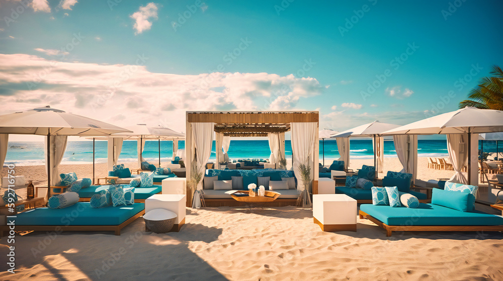 An alluring image of a luxurious beach club, featuring high-end amenities and an exquisite ocean view