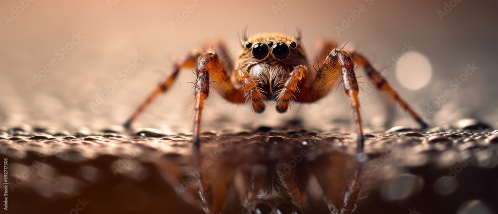 Fototapeta premium Spider on its web with small dewdrops. Generative AI