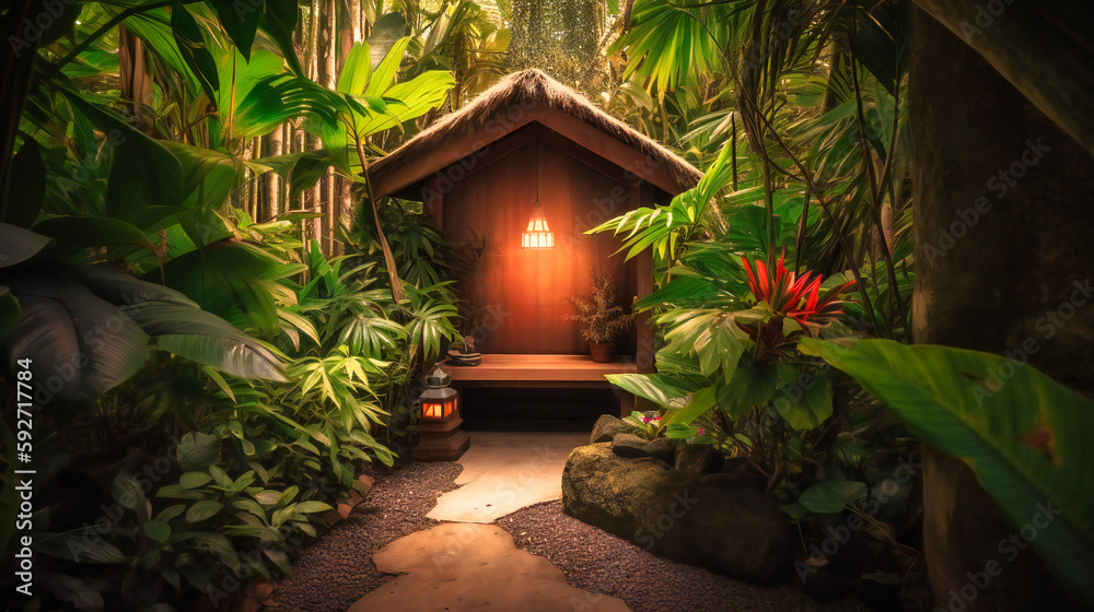 A mesmerizing image of a cozy meditation nook, surrounded by lush greenery for a restorative summer retreat