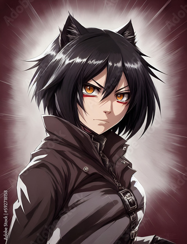 Angry catgirl with fierce gaze, Generative AI photo