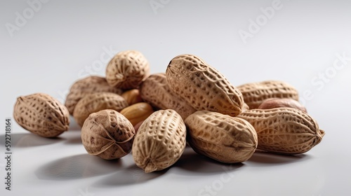 Raw peanut with water drops on white background. Close up