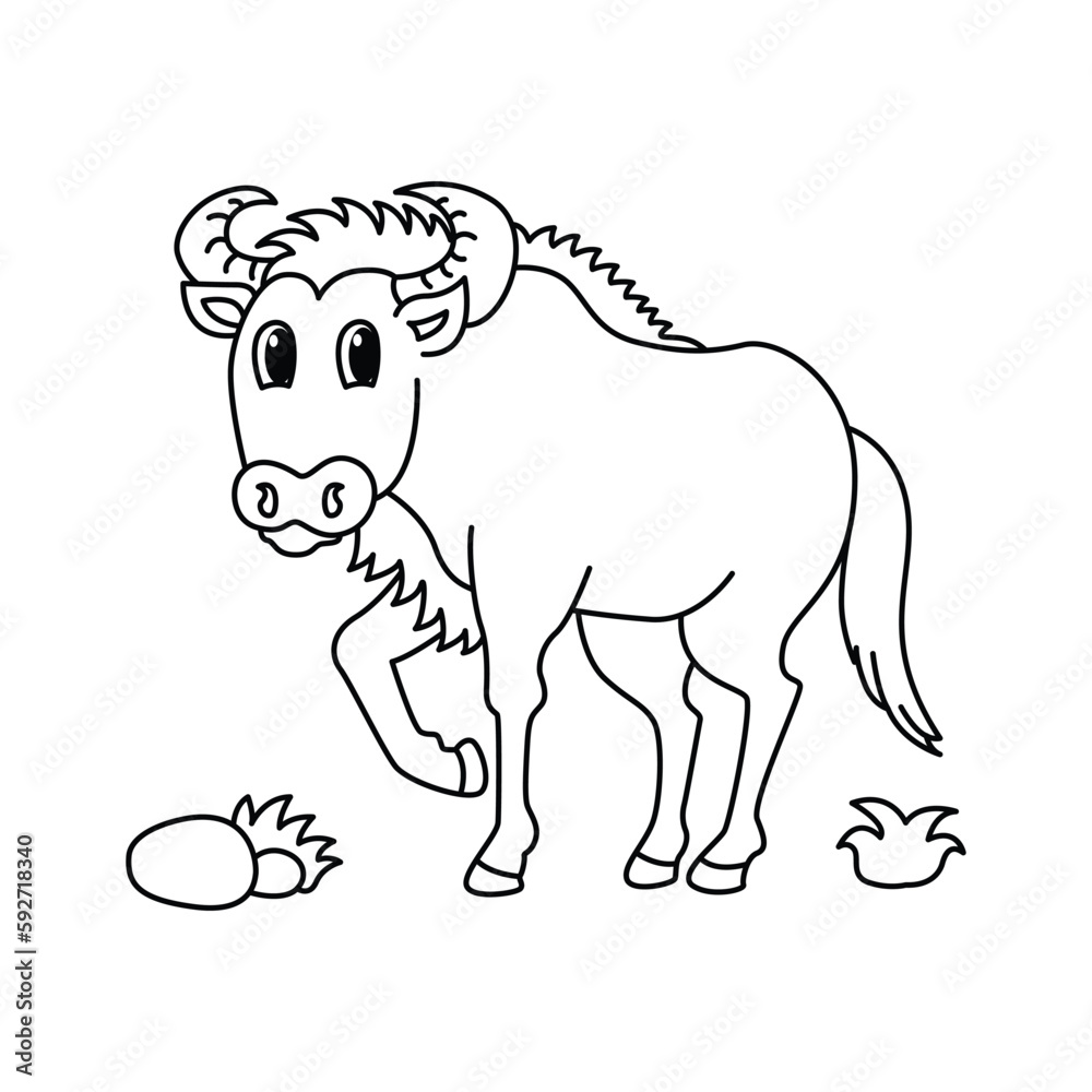 Fototapeta premium Funny wildebeest cartoon characters vector illustration. For kids coloring book.