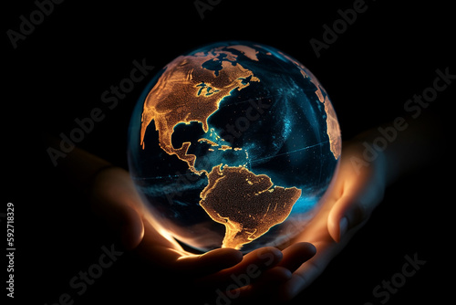 Hands holding glowing planet Earth globe. Generative AI illustration