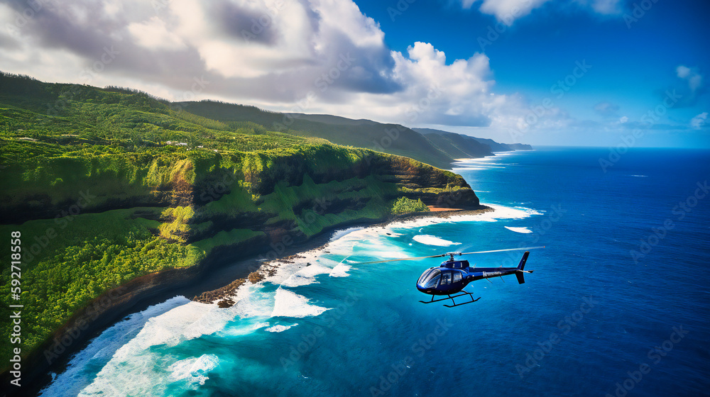 A spectacular image of a high-end helicopter tour, offering a thrilling and unique perspective of a scenic coastline