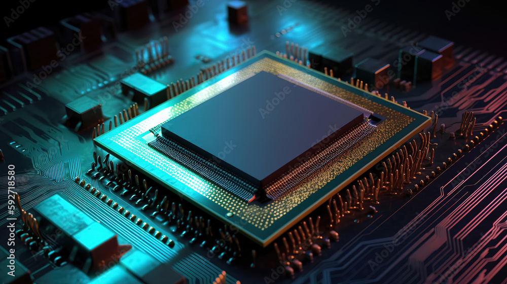 Computer chip with processor background, Bright color. Generative Ai