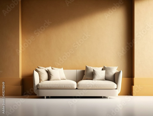 Elegant frontal interior in beige color with empty space on wall and furniture: sofa, pillow. Minimalist mock up room in apartment. Generative AI