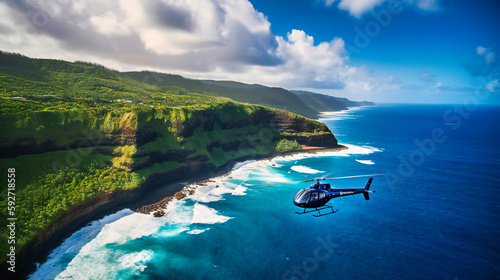 A spectacular image of a high-end helicopter tour, offering a thrilling and unique perspective of a scenic coastline