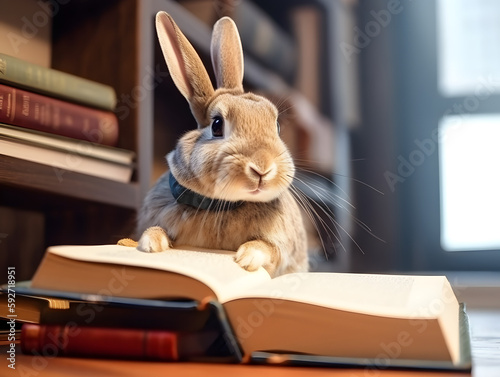 Cute rabbit with book about bedtime stories in library.