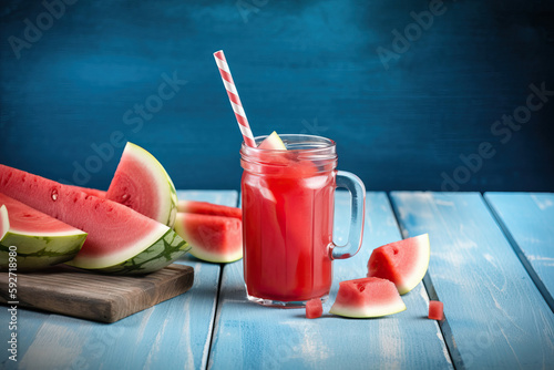 Watermelon juice surrounded by watermelon slices. Generative AI photo