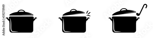 Pans vector icon set. Kitchen containers for cooking. Boiling pot vector. Appliances for boiling. A stylish set of jugs for cooking.