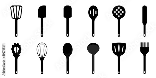 Set of kitchen utensils vector. Icons of objects for cooking in the kitchen. Household kitchen tools. Cooking vector icon.