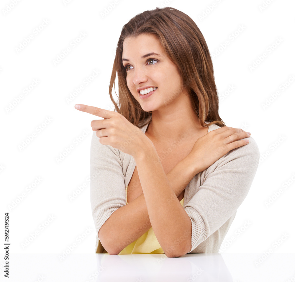 Pointing, happy and woman looking away isolated on a transparent png background. Smile, idea and a girl sitting and a table and gesturing with happiness, thinking and confidence on blank space Pointing, happy and woman looking away isolated on a transparent png background. Smile, idea and a girl sitting and a table and gesturing with happiness, thinking and confidence on blank space