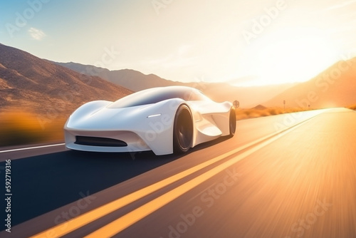 Electric vehicle super car on mountain road, sunset in summer photo