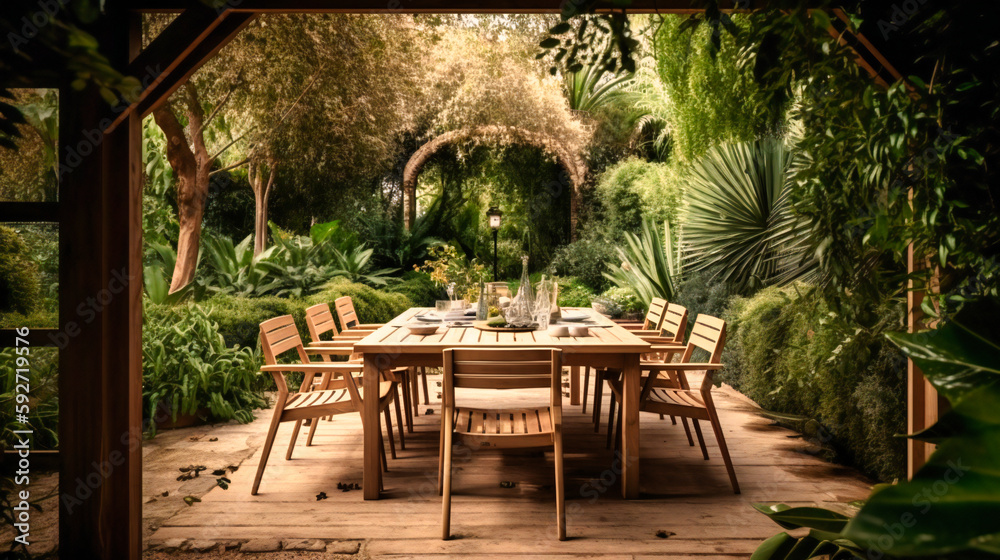 A refined image of an enchanting outdoor dining area, providing a charming and elegant setting for a memorable summer evening