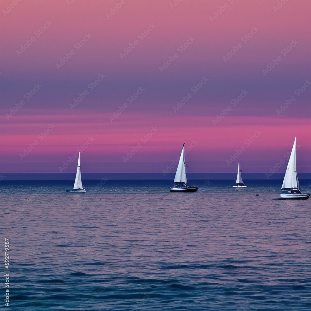 Fototapeta premium Sailboats after Sunset - generative AI