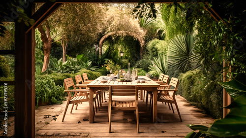 A refined image of an enchanting outdoor dining area  providing a charming and elegant setting for a memorable summer evening