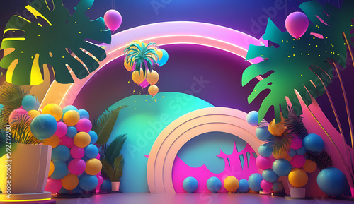 Recreation area with balloons, neon. Palms. Banner. Place for text. Generative AI