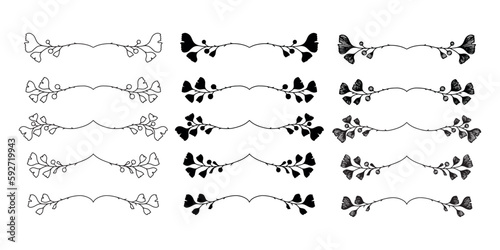 Hand drawn ginkgo biloba text divider. Set of outline and silhouette floral text dividers. 