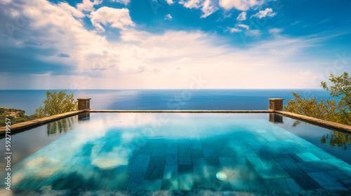 A stunning image of a luxurious infinity pool  masterfully blending with the ocean s horizon for the ultimate summer escape