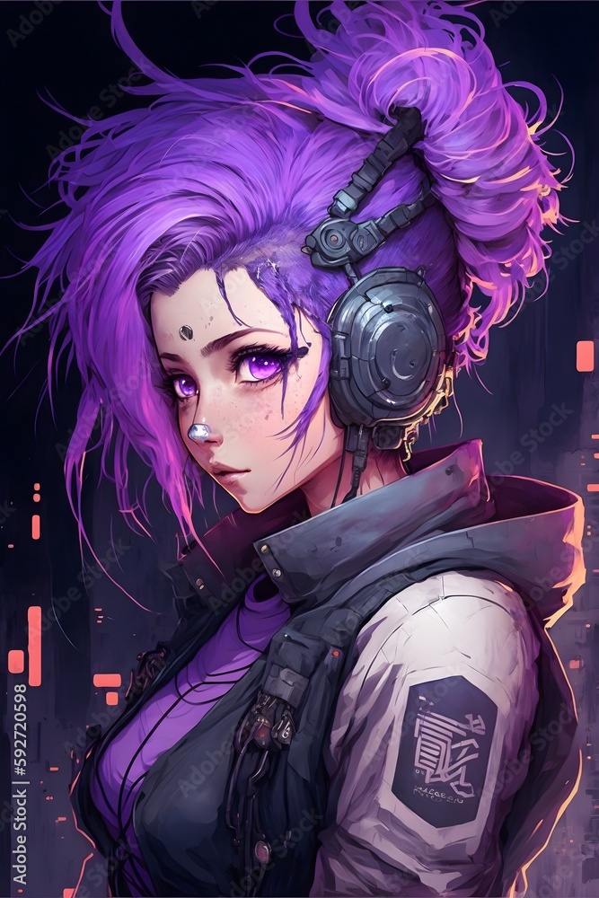 Tomboy Anime Girl Cyberpunk Hacker With Short Neon Purple Hair And 