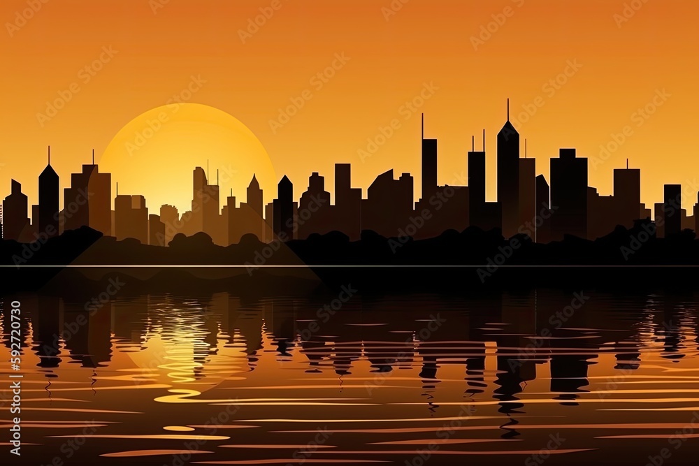 The image is of a magnificent city with building shadows against a sunset. Generative AI