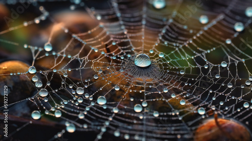 An enchanting early morning scene capturing dewdrops glistening on a fragile spider's web