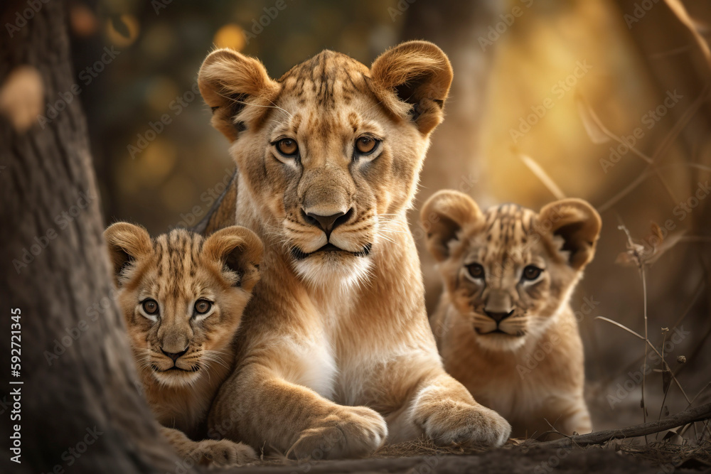 Lioness with lion cubs. Generative AI. - obrazy, fototapety, plakaty 