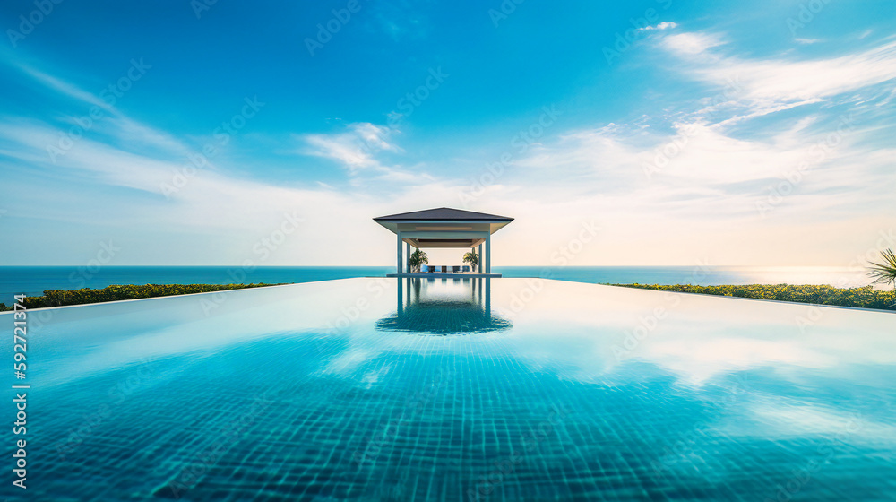 A captivating image of an upscale summer villa, featuring a breathtaking infinity pool merging with the vast ocean horizon