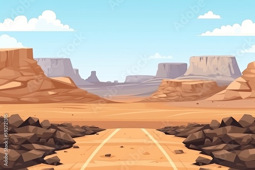 Gorgeous image of a desert road with distant rocks and plants in the middle of nowhere. Generative AI