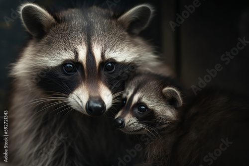 Mother raccoon with little raccoon. Generative AI. © YULIYA