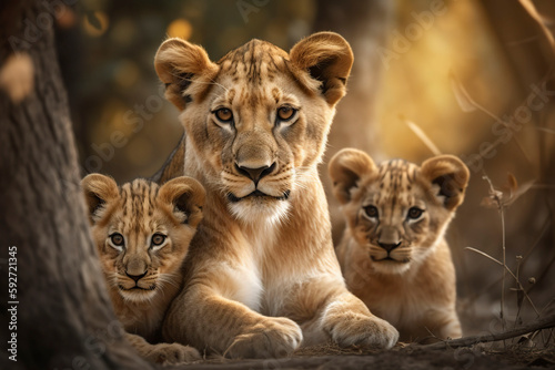 Leinwand Poster Lioness with lion cubs. Generative AI.