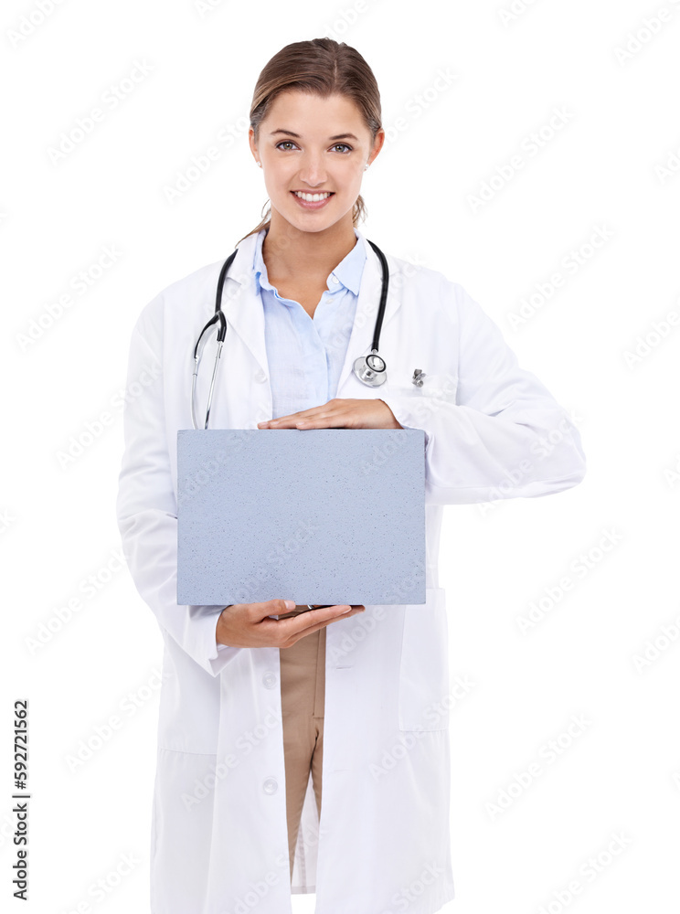 Cardboard, blank space and woman doctor isolated on transparent, png background for medical information or service. Portrait of healthcare professional or person, poster for health support or advice Cardboard, blank space and woman doctor isolated on transparent, png background for medical information or service. Portrait of healthcare professional or person, poster for health support or advice