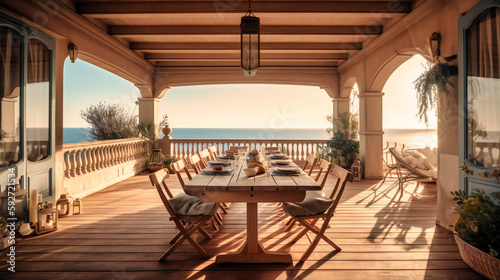 A charming image of a posh summer villa, featuring a beautifully set outdoor dining area overlooking the picturesque coastline