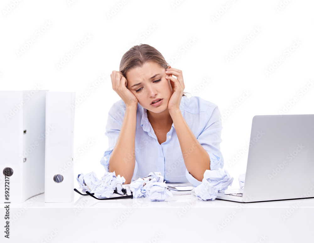 Depression, stress and business woman with paper mistake and laptop on isolated, transparent and png background. Anxiety, crisis and female office worker sad, stressed and unhappy with deadline Depression, stress and business woman with paper mistake and laptop on isolated, transparent and png background. Anxiety, crisis and female office worker sad, stressed and unhappy with deadline