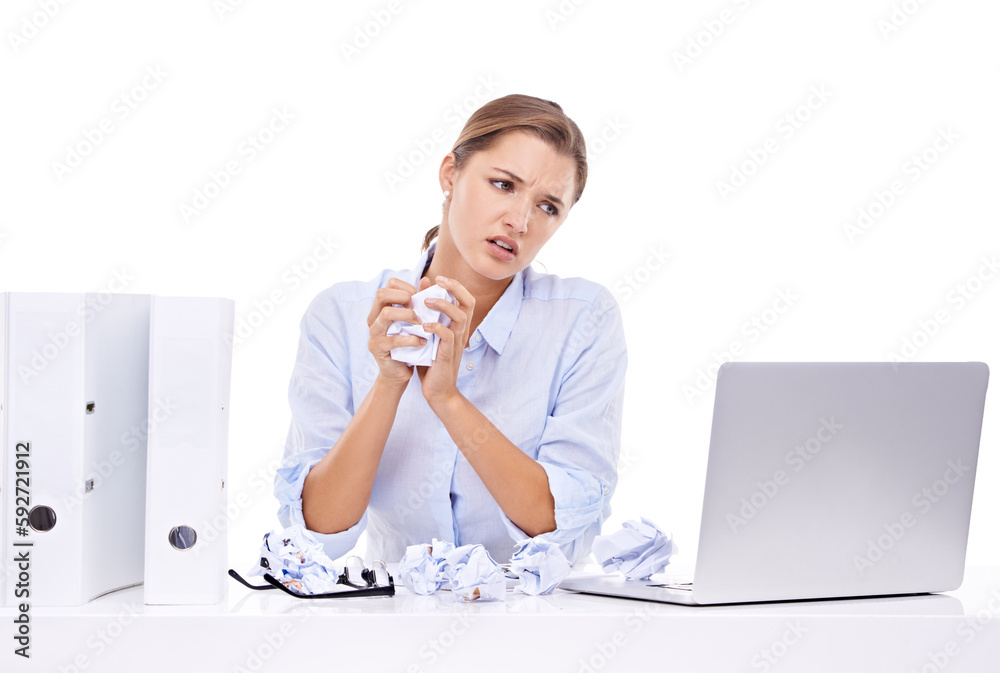Stress, laptop and crumpled paper by business woman mistake on isolated, transparent or png background. Compliance, form or frustrated female office worker and anxiety for deadline, proposal and fail Stress, laptop and crumpled paper by business woman mistake on isolated, transparent or png background. Compliance, form or frustrated female office worker and anxiety for deadline, proposal and fail