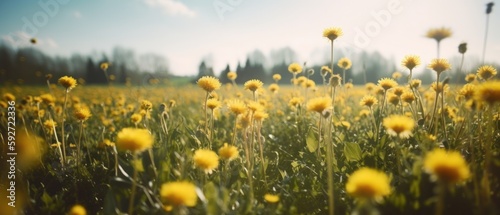 Yellow dandelions and blue sky. Generative AI