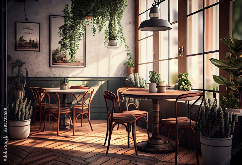 Interior of a cafe design, 3d render. Generative AI
