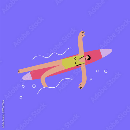 A young girl is lying on a surfboard. Vector illustration in a flat style.