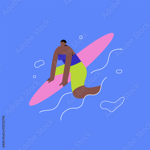 A black girl is floating on a surfboard. Vector illustration in a flat style.