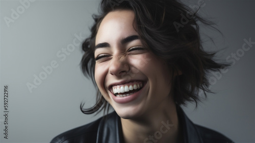 portrait of young woman with dark hair laughing showing teeth happy in front of background, generative ai, illustration