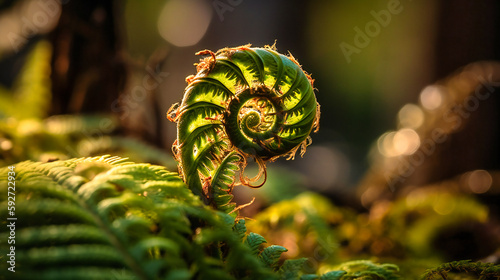 A captivating close-up of a gracefully unfurling fern amidst dappled sunlight in a summer forest
