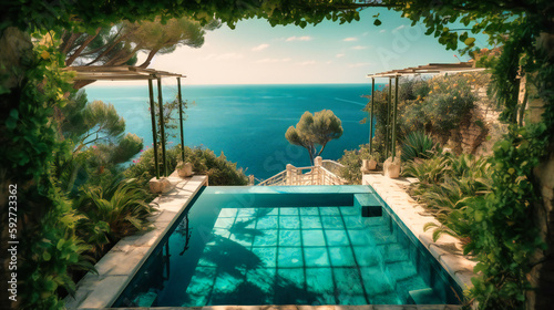 A stunning image of a summer villa s pool area  enveloped by lush greenery and offering a tranquil  inviting atmosphere for relaxation