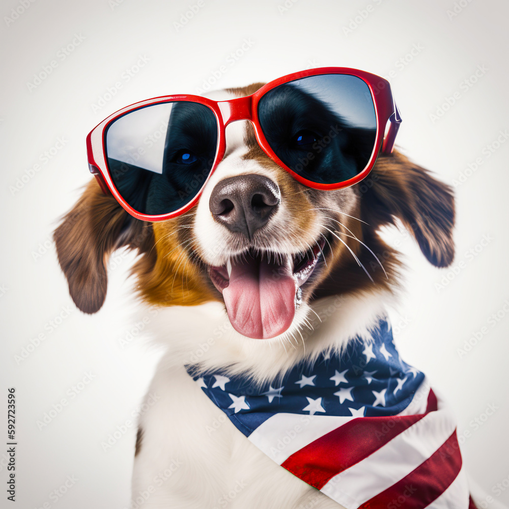 Dog and USA flag, independence day 4th July, illustration for print, generative ai - obrazy, fototapety, plakaty 
